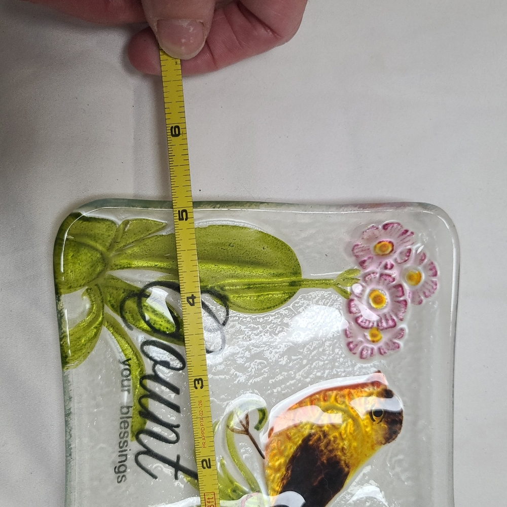 Decorative Glass Trinket Bowl Platter with Bird and Flowers, Count Your Blessing - Picture 5 of 5